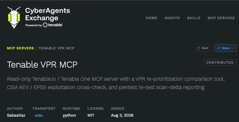 Tenable VPR MCP listing on Tenable Exchange, marked Contributed